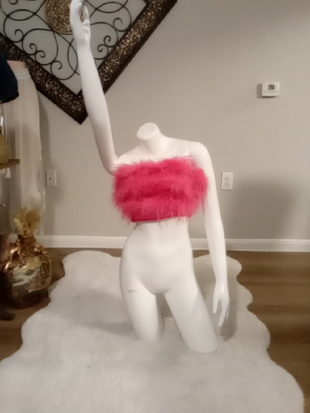 Fate Pink Feathered Strapless Crop Top